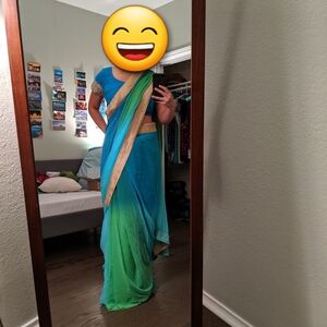Stunning Mermaid-Colored Sari! 🧜‍♀️ Blue And Green With Gold Accents